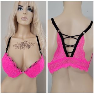 Hot pink and black lace push up corset back bra la senza beyond sexy 38 C